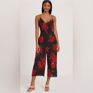 Anthropologie Ettwa velvet burnout Black and Red Floral Jumpsuit